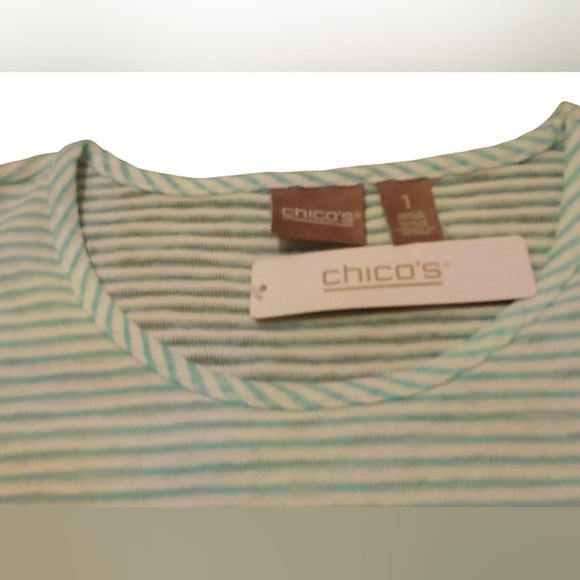 Chico's -NWT Shadow Striped Sleeveless Tunic Top, Lined Inside Front, White/Aqua - Picture 9 of 14